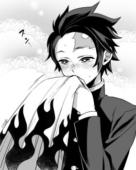 Rule 34 | 1boy, blush, borrowed clothes, commentary request, covered mouth, demon slayer uniform, earrings, flame print, greyscale, haori, hashimoto (yanagi-momo), holding, holding unworn clothes, implied yaoi, jacket, japanese clothes, jewelry, kamado tanjirou, kimetsu no yaiba, long sleeves, male focus, monochrome, scar, scar on face, scar on forehead, short hair, signature, smelling, solo, sweat, upper body