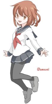 1girl black_pantyhose black_sailor_collar black_skirt brown_eyes brown_hair emuwai fang grey_shoes ikazuchi_(kancolle) kantai_collection long_sleeves looking_at_viewer neckerchief one-hour_drawing_challenge pantyhose pleated_skirt red_neckerchief sailor_collar sailor_shirt school_uniform serafuku shirt shoes short_hair simple_background skirt solo twitter_username white_background white_shirt