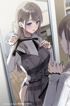 1girl blue_eyes blue_panties blush chigusa_minori clothes_hanger commentary dress full-length_mirror grey_dress grey_hair hair_ornament hairclip highres holding holding_clothes_hanger holding_unworn_clothes indoors long_hair long_sleeves mirror open_mouth panties parallel_hairclips pinafore_dress saotome_shino_(shino_to_ren) shino_to_ren shirt sleeveless sleeveless_dress solo twitter_username underwear white_shirt