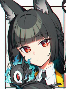 1girl animal_ears black_hair black_necktie blunt_bangs braid chromatic_aberration closed_mouth commentary_request dl_(dl_6ix) fingerless_gloves fox_ears fox_girl gauntlets gloves half_up_braid heavy_chromatic_aberration highres hoshimi_miyabi korean_commentary long_hair looking_at_viewer necktie orange_eyes portrait single_fingerless_glove single_gauntlet tailless_(zenless_zone_zero) zenless_zone_zero