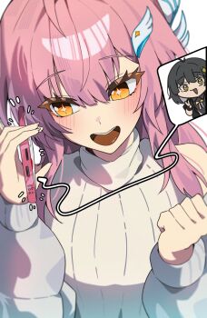 Rule 34 | 1girl, aemeath (wuthering waves), alternate costume, breasts, cellphone, commentary request, female rover (wuthering waves), fingernails, hair ornament, hand up, highres, holding, holding phone, katr5878, long hair, medium breasts, open mouth, orange eyes, phone, pink hair, rover (wuthering waves), shirt, sideways glance, smartphone, smile, solo, star-shaped pupils, star (symbol), symbol-shaped pupils, talking on phone, turtleneck, turtleneck shirt, upper body, wuthering waves