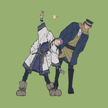 Rule 34 | 1boy, 1girl, absurdres, asirpa, black boots, black coat, black hair, black pants, blue headband, blush, boots, cape, closed eyes, closed mouth, coat, commentary request, double v, earrings, full body, fur cape, golden kamuy, green background, grey boots, hand in pocket, hat, headband, highres, hoop earrings, jewelry, kome uo, leaning to the side, long hair, military hat, military uniform, outstretched arms, pants, print scarf, scar, scar on face, scar on nose, scarf, short hair, smile, standing, sugimoto saichi, v, white cape, white coat