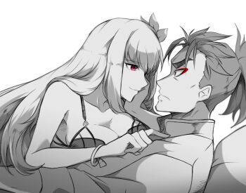 Rule 34 | 1boy, 1girl, bikini, bracelet, breasts, chinese clothes, cleavage, commentary request, eyeliner, fate/grand order, fate (series), flower, frown, hair flower, hair ornament, head rest, hetero, jewelry, korean commentary, large breasts, li shuwen (fate), li shuwen (young) (fate), li shuwen (young) (first ascension) (fate), makeup, ponytail, purple eyes, red eyeliner, scathach (fate), scathach (fate/grand order), scathach (swimsuit assassin) (fate), smile, swimsuit, uni (unnny)