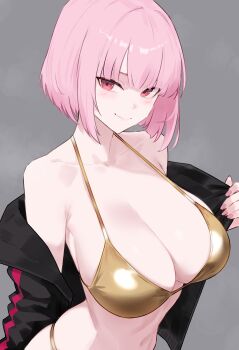 1girl absurdres alternate_costume bare_shoulders bikini black_jacket bluefield blunt_bangs breasts cleavage closed_mouth gold_bikini golden_week grey_background halterneck highres hololive hololive_english jacket large_breasts looking_at_viewer mori_calliope nail_polish navel off_shoulder open_clothes open_jacket pink_eyes pink_hair pink_nails short_hair sideboob simple_background smile solo string_bikini swimsuit virtual_youtuber