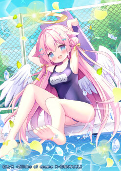 1girl :d absurdres armpits arms_up azumi_kazuki bare_arms bare_legs bare_shoulders barefoot blue_bow blue_eyes blue_sky blush bow breasts chain-link_fence character_request cleavage cloud commentary_request covered_navel day feathered_wings fence glint hair_between_eyes hair_bow hair_ornament hairclip halo highres holding kickboard long_hair medium_breasts official_art one-piece_swimsuit open_mouth outdoors pink_hair pool poolside purple_one-piece_swimsuit school_swimsuit sky smile soles solo swimsuit very_long_hair water_drop white_bow white_wings wings x_hair_ornament yellow_bow z/x