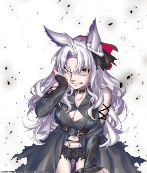 1girl absurdres animal_ears belt belt_collar black_shorts breasts cleavage clenched_teeth collar commentary_request debris ear_ornament folkqueen_(umamusume) heterochromia highres horse_ears horse_girl kuzumi_taiyou large_breasts long_hair long_sleeves looking_at_viewer navel official_art parted_bangs red_eyes shorts solo tears teeth torn_clothes torn_shorts umamusume umamusume:_cinderella_gray white_background white_belt white_hair yellow_eyes