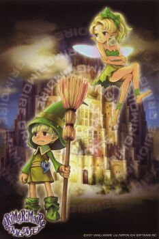 1boy 1girl ankle_garter barefoot blonde_hair broom elf fairy fairy_wings gaff grimgrimoire highres kamitani_george crossed_legs magatama moire nippon_ichi official_art pointy_ears ponytail postcard scan scan_artifacts sitting vanillaware wings