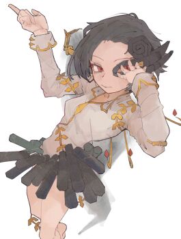 1girl 4qw5 asymmetrical_wings black_hair black_skirt bone closed_mouth commentary_request expressionless half_mask hand_on_own_face hand_up highres index_finger_raised iwanaga_ariya legs long_sleeves looking_at_viewer mask red_eyes shirt short_hair skeletal_wings skirt solo thighs touhou white_background white_shirt wings