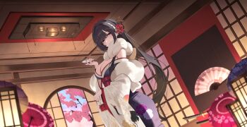 1girl animal_print black_hair breasts cherry_blossoms cleavage cup earrings floral_print flower flower_ornament folding_fan game_cg hair_between_eyes hair_flower hair_ornament hairpin hand_fan highres hinomiya_shion holding holding_cup indoors japanese_clothes jewelry katana kimono large_breasts long_hair looking_at_viewer non-web_source off_shoulder poker_fate print_kimono purple_eyes purple_kimono red_flower red_nails red_rose rose sakazuki scarf smile solo stud_earrings sword very_long_hair weapon white_scarf yukata