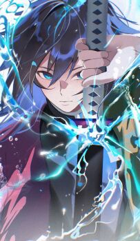 1boy black_hair black_jacket blue_eyes buttons closed_mouth commentary_request demon_slayer_uniform hand_up haori high_collar holding holding_sword holding_weapon jacket japanese_clothes katana kimetsu_no_yaiba komuer long_hair low_ponytail male_focus ponytail red_haori solo spiked_hair sword tomioka_giyuu upper_body water weapon white_background