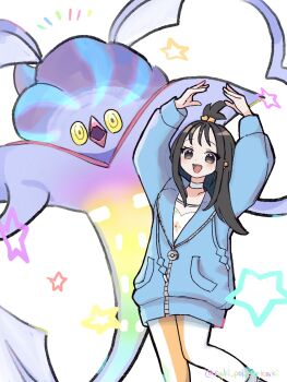 1girl arms_up beak black_hair blue_hoodie blush cube_hair_ornament earclip gen_6_pokemon grey_eyes hair_ornament happy highres hood hood_down hoodie leggings lida_(pokemon) long_hair long_sleeves looking_at_viewer malamar mega_malamar mega_pokemon nintendo open_mouth orange_leggings pokemon pokemon_(creature) pokemon_legends:_z-a saki_pokeoekaki shirt smile squid star_(symbol) tentacles topknot two-tone_legwear white_leggings wispy_bangs yellow_eyes