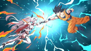 1boy 1girl absurdres armor battle belt black_hair blue_belt blue_eyes boots breasts clenched_hand clenched_hands commission crossover dragon_ball duel dust electricity fighting fire floating_hair gloves highres honkai_(series) honkai_impact_3rd horang4628 kiana_kaslana kiana_kaslana_(herrscher_of_flamescion) long_hair martial_arts_belt mixed-sex_combat muscular muscular_male open_hand son_goku spiked_hair white_hair