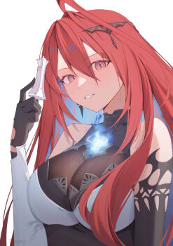 1girl ahoge bare_shoulders black_gloves blue_fire breasts chess_piece commentary earrings elizabeth_rose_bloodflame english_commentary fire fire_on_chest gloves hair_between_eyes highres holding holding_chess_piece hololive hololive_english jewelry large_breasts looking_at_viewer narukamitooru red_eyes red_hair slit_pupils solo upper_body