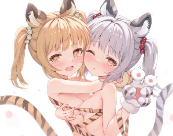 Rule 34 | 2girls, ;<, @ @, animal ear fluff, animal ears, animal hands, bai (granblue fantasy), blonde hair, blush, breast press, breasts, closed mouth, from side, gloves, granblue fantasy, grey hair, heart, heart-shaped pupils, highres, huang (granblue fantasy), hug, kimblee, looking at viewer, looking to the side, multiple girls, one eye closed, open mouth, paw gloves, simple background, small breasts, symbol-shaped pupils, symmetrical docking, tail, tiger ears, tiger girl, tiger tail, twintails, upper body, white background