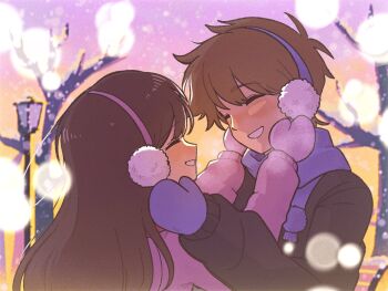 Rule 34 | 1boy, 1girl, alternate costume, antenna hair, bare tree, black coat, black hair, blue mittens, blue scarf, blush, closed eyes, coat, commentary, dark-skinned male, dark skin, day, earmuffs, hero (faraway) (omori), hero (omori), highres, lamppost, long hair, long sleeves, mari (faraway) (omori), mari (omori), mewowem omo, mittens, omori, open mouth, outdoors, purple coat, purple mittens, scarf, short hair, smile, snowing, symbol-only commentary, tree