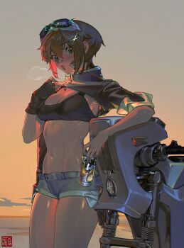 1girl artist_logo bandaid bandaid_on_face bandaid_on_nose black_bra black_gloves blue_shorts blush borrowed_character bra breasts breath brown_eyes brown_hair can cloud cowboy_shot dark-skinned_female dark_skin denim denim_shorts drink_can exposed_pocket fingerless_gloves fukana_miyu_(kokuya28) gloves goggles goggles_on_head hair_between_eyes hair_ornament highres holding holding_can lalalolily logo looking_at_viewer medium_breasts micro_shorts motor_vehicle motorcycle navel open_mouth orange_sky original outdoors short_hair shorts shrug_(clothing) sky sleeves_rolled_up smile solo standing sweat underwear x_hair_ornament