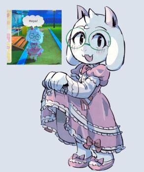 1boy alternate_costume animal_ears blush commentary_request deltarune dress fangs full_body furry furry_male grey_background highres horns looking_at_viewer nomu_poncha open_mouth pink_dress pink_shoes puffy_short_sleeves puffy_sleeves ralsei reference_inset shoes short_sleeves simple_background skin_fangs smile solo tomodachi_life tomodachi_life:_living_the_dream utdr_(toby_fox)