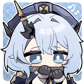 Rule 34 | 1girl, black gloves, black horns, bright pupils, chibi, chibi only, chinese commentary, commentary request, duet night abyss, gloves, grey eyes, grey hair, highres, holding, holding instrument, horns, instrument, kyou 039, musical note, rhythm (duet night abyss), single horn, solo, twitter username, upper body, white pupils