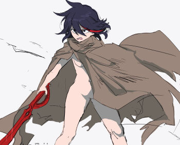 1girl black_hair breasts cape dated hair_between_eyes highres holding holding_sword holding_weapon kill_la_kill matoi_ryuuko medium_breasts multicolored_hair nude pussy red_hair scissor_blade_(kill_la_kill) short_hair solo streaked_hair sword takatisakana two-tone_hair weapon wind wind_lift