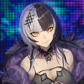1girl absurdres bare_shoulders black_hair breasts cleavage grey_hair hair_ornament highres hololive hololive_english jacket large_breasts looking_at_viewer mn374390 multicolored_hair off_shoulder portrait shiori_novella smile solo split-color_hair streaked_hair two-tone_hair virtual_youtuber yellow_eyes
