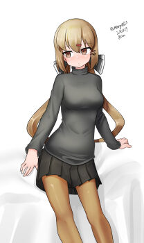 Rule 34 | 1girl, absurdres, black bow, black skirt, bow, brown eyes, brown hair, brown pantyhose, commentary request, dress, facing viewer, feet out of frame, grey sweater, hair bow, highres, kantai collection, long hair, looking back, low twintails, maru (marg0613), one-hour drawing challenge, pantyhose, pleated dress, sideways glance, simple background, skirt, solo, sweater, tashkent (kancolle), turtleneck, turtleneck sweater, twintails, white background