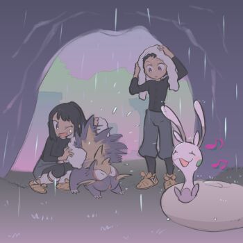 Rule 34 | 1boy, 1girl, akari (pokemon), black hair, black shirt, blush, brown sandals, closed eyes, commentary request, drying, eyelashes, gen 4 pokemon, grass, grey pants, highres, hisuian sliggoo, holding, holding towel, holding tower, kinni, long hair, long sleeves, motion blur, musical note, nintendo, one eye closed, open mouth, outdoors, pants, pokemon, pokemon (creature), pokemon legends: arceus, purple eyes, rain, rei (pokemon), sandals, shaking, shirt, short hair, smile, socks, squatting, stunky, taking shelter, towel, towel on head, water drop, white socks