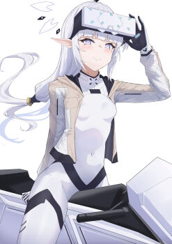 1girl absurdres arm_behind_back black_gloves blue_archive blunt_bangs blush bodysuit breasts brown_jacket c: closed_mouth commentary covered_navel cowboy_shot floating_hair gloves goggles goggles_on_head halo hand_up highres himari_(armed)_(blue_archive) himari_(blue_archive) jacket lkovn956271 long_hair long_pointy_ears long_sleeves looking_at_viewer low-tied_long_hair mole mole_under_eye official_alternate_costume open_clothes open_jacket pointy_ears purple_eyes sidelocks simple_background sitting small_breasts smile solo split_mouth two-sided_gloves white_background white_bodysuit white_gloves white_hair white_halo