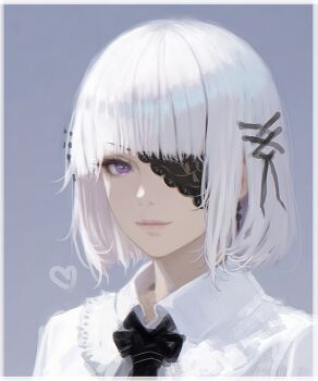 1girl black_necktie blunt_bangs border closed_mouth collared_shirt commentary d.k earrings eyelashes eyepatch grey_background hair_ornament heart jewelry lips looking_at_viewer necktie nose one_eye_covered portrait punishing:_gray_raven purple_eyes shirt short_hair sidelocks solo symbol-only_commentary vanessa_(pgr) white_border white_hair