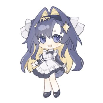 1girl :d apron black_dress black_hairband black_shoes blonde_hair blue_eyes blue_hair chibi colored_inner_hair dress frilled_apron frills full_body hair_intakes hair_ornament hairband juliet_sleeves long_hair long_sleeves looking_at_viewer mary_janes multicolored_hair open_mouth puffy_sleeves reverse:1999 school_uniform shoes short_dress smile solo soviet_school_uniform sparkling_eyes standing star_(symbol) star_hair_ornament tansuangai_fenmo voyager_(reverse:1999) white_apron white_background