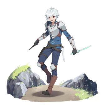 1boy :d armor bell_cranel blue_pants blue_shirt boots breastplate brown_boots commentary counter:side dual_wielding dungeon_ni_deai_wo_motomeru_no_wa_machigatteiru_darou_ka english_commentary full_body grass holding knee_boots knee_pads leg_up looking_at_viewer male_focus official_art open_mouth pants path pauldrons red_eyes reverse_grip road rock sheath shirt short_hair short_sword shoulder_armor simple_background smile sword thigh_strap transparent_background unsheathed vambraces weapon white_hair