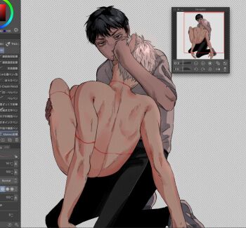 Rule 34 | 2boys, art program in frame, back, black hair, black pants, carrying, clothed male nude male, collared shirt, commentary request, completely nude, highres, hikaru ga shinda natsu, indou hikaru, k1tr jun, looking at viewer, male focus, mole, mole on arm, mole under eye, multiple boys, multiple moles, nude, pants, princess carry, scar, shirt, short hair, short sleeves, tsujinaka yoshiki, white hair, white shirt, yaoi