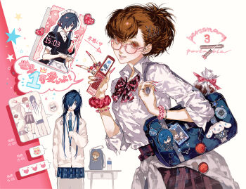 2girls absurdres apron bag bag_charm black_dress blue_bag blue_hair blue_necktie bow bow_ring bowtie bracelet brown_hair cameo cardigan cardigan_around_waist cellphone character_doll charm_(object) chinese_commentary chocolate cinnamoroll clothes_around_waist commentary_request copyright_name cowboy_shot desk doe-foot_applicator doll dress earrings eyelashes flip_phone fuwa_fuwa_cinnamoroll genderswap genderswap_(mtf) glasses grey_eyes gyaru hair_between_eyes hair_ornament hair_over_one_eye hair_up hairclip hand_up headphones headphones_around_neck heart heart_earrings highres holding holding_phone jewelry jing_zhi_kaoxiang_yu_re_zhong kogal lipgloss lips lipstick_writing long_hair looking_at_viewer maid multiple_girls multiple_views nail_art necktie oshikatsu persona persona_3 persona_3_portable phone pink-framed_eyewear pink_bow pink_nails pink_scrunchie plaid_clothes plaid_skirt print_bracelet red_eyes red_skirt ring sanrio school_bag school_desk scrunchie shiomi_kotone shirt simple_background skirt sleeves_past_fingers sleeves_past_wrists sleeves_rolled_up smile stud_earrings tamagotchi tamagotchi_(classic) tamagotchi_(virtual_pet) text_messaging three-quarter_sleeves twintails v very_long_fingernails very_long_hair virtual_pet_(toy) waist_apron white_apron white_background white_cardigan white_shirt wrist_scrunchie yuuki_makoto_(persona_3)