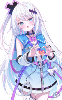 .live 1girl blue_dress blue_eyes blush center_opening chain commentary cuffs detached_sleeves dress earrings flat_chest gem gintoge_gumi gradient_clothes gradient_dress gradient_ribbon hair_ornament handcuffs heart heart_earrings heart_hands heart_necklace heart_o-ring highres jewelry long_hair looking_at_viewer multicolored_hair necklace o-ring one_side_up open_clothes partially_unzipped pink_hair pink_ribbon pink_streaks purple_gem purple_ribbon ribbon shinori_(efvbji6264) single_earring solo standing streaked_hair thighs very_long_hair virtual_youtuber white_hair white_trim x_hair_ornament zipper