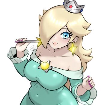 1girl artist_name bare_shoulders blonde_hair blue_dress blue_eyes blush breasts brooch closed_mouth collarbone commentary crown dress earrings english_commentary eyelashes hair_over_one_eye highres holding holding_wand jewelry large_breasts long_hair long_sleeves looking_at_viewer mario_(series) muis0802 nintendo off-shoulder_dress off_shoulder purple_nails rosalina smile solo star_(symbol) star_brooch star_earrings wand white_background