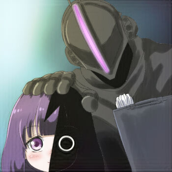 1boy 1girl armor black_armor black_gloves black_helmet blush bondrewd crossover gloves green_background hand_on_another's_head helmet kaya-chan_wa_kowakunai long_hair looking_at_viewer made_in_abyss metal_gloves purple_eyes purple_hair satou_kaya smile t_jiroo_(ringofriend) upper_body