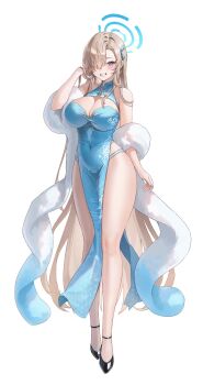 1girl absurdres asuna_(blue_archive) blue_archive blue_eyes blue_halo blue_nails blush breasts brown_hair china_dress chinese_clothes cleavage cleavage_cutout clothing_cutout commentary covered_navel dress fingernails full_body halo highres large_breasts long_hair looking_at_viewer nail_polish pelvic_curtain ryu_o simple_background smile solo standing thighs very_long_hair white_background