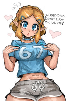 1girl 67_(meme) :o alternate_costume blonde_hair blue_shirt blush casual commentary crop_top dolphin_shorts english_commentary eyelashes grey_pants grey_shorts hands_up highres nintendo pajamas pants pointy_ears princess_zelda print_shirt saiykik shirt short_hair short_shorts shorts simple_background solo the_legend_of_zelda the_legend_of_zelda:_breath_of_the_wild the_legend_of_zelda:_tears_of_the_kingdom white_background