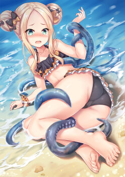 1girl abigail_williams_(emerald_float)_(fate) abigail_williams_(fate) alternate_hairstyle ass bare_shoulders barefoot beach bikini black_bikini black_bow blonde_hair blue_eyes blush bow breasts day double_bun fate/grand_order fate_(series) feet female_focus forehead frilled_bikini frills full_body hair_bow hair_bun highres hip_focus legs loli long_hair looking_at_viewer milkshakework miniskirt official_alternate_costume orange_bow parted_bangs polka_dot polka_dot_bow seashell shell skirt small_breasts solo swimsuit tearing_up tentacles thighs toes