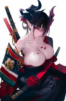 1girl absurdres armor black_hair black_horns black_kimono breasts cleavage closed_mouth commentary dragon_horns drawing_sword ear_piercing earrings flower gloves gradient_hair hair_between_eyes hair_bun hair_flower hair_ornament hair_stick heterochromia highres holding holding_sheath holding_sword holding_weapon horns huge_breasts japanese_armor japanese_clothes jewelry katana kimono long_pointy_ears looking_at_viewer multicolored_hair off_shoulder original petals piercing pink_eyes pointy_ears red_eyes red_flower red_gloves red_hair sheath sheathed shoulder_armor simple_background single_side_bun sitting sode solo sword two-tone_hair unsheathing veins veiny_breasts weapon white_background yjs0803123 yokozuwari