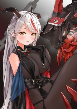 1girl absurdly_long_hair aegir_(azur_lane) azur_lane bare_shoulders black_cape black_gloves bodystocking breast_curtains breasts cape cross cross-laced_clothes cross_earrings demon_horns earrings elbow_gloves gloves highres horns iron_cross jewelry large_breasts long_hair multicolored_hair non-humanoid_robot ps_rinsu red_hair robot robot_animal see-through_clothes sitting solo streaked_hair two-tone_hair underbust very_long_hair white_hair yellow_eyes