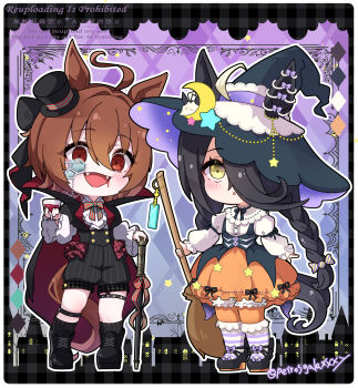 2girls absurdres agnes_tachyon_(umamusume) ahoge alcohol animal_ears black_boots black_cape black_hair blush boots braid braided_ponytail broom brown_hair cape chemical_structure chibi chibi_only crescent crescent_hat_ornament cup drinking_glass ears_through_headwear fangs frilled_thighhighs frills hair_between_eyes halloween halloween_costume hat hat_ornament highres holding holding_broom holding_cup horse_ears horse_girl horse_tail long_bangs long_hair long_sleeves manhattan_cafe_(umamusume) mini_hat mini_top_hat monocle multicolored_hair multiple_girls open_mouth orange_skirt orange_thighhighs peteron ponytail popped_collar red_cape red_eyes shirt shoes skirt smile socks star_(symbol) star_hat_ornament striped_clothes striped_socks tail thigh_strap thighhighs top_hat umamusume vampire_costume white_hair white_shirt wine wine_glass witch witch_hat yellow_eyes