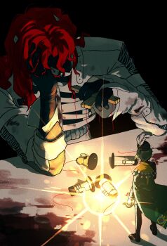 Rule 34 | 1boy, 1girl, absurdres, aleph (reverse:1999), black boots, black gloves, black hat, black mask, boots, brown hair, cape, chess piece, control bar, covered face, gloves, glowing, green cape, hand on own head, hat, hat feather, head rest, highres, holding, holding sword, holding weapon, mini person, minigirl, mossi (mossi0816), recoleta (reverse:1999), red hair, reverse:1999, shirt, sword, thigh boots, weapon, white shirt