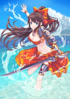 1girl aono_hoshi blue_eyes bow breasts castle commentary_request grin holding holding_sword holding_weapon large_bow large_breasts long_hair ocean original outdoors ponytail red_skirt skirt smile solo splashing sword very_long_hair water weapon