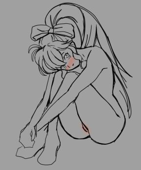 1girl ass blush bow crossed_legs fire_emblem fire_emblem:_genealogy_of_the_holy_war hair_bow long_hair looking_at_viewer nintendo nude phina_(fire_emblem) ponytail pussy simple_background sitting sketch solo sunbeam_(artist)