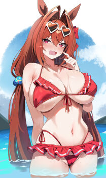 1girl absurdres animal_ears bare_shoulders bikini bikini_skirt blue_sky blush breasts brown_hair cameltoe cleavage cloud commentary daiwa_scarlet_(mini_vacation)_(umamusume) daiwa_scarlet_(umamusume) eyewear_on_head fangs frilled_bikini frills front-tie_bikini_top front-tie_top hair_bobbles hair_intakes hair_ornament heart heart-shaped_eyewear highres horse_ears horse_girl huge_breasts long_hair looking_at_viewer navel official_alternate_costume open_mouth outdoors red_bikini red_eyes sideboob skin_fangs skindentation sky solo stomach sunglasses swimsuit sylph_kim twintails umamusume underboob very_long_hair wading water wet