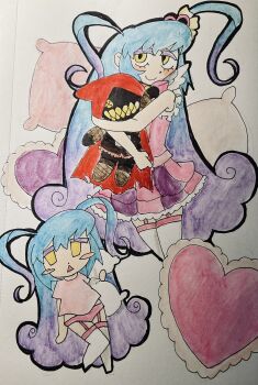 Rule 34 | 11voegel, 1girl, blue hair, blush stickers, bow, bowtie, cape, character doll, chibi, chibi inset, diamond mouth, doll, full body, gradient hair, hair ornament, heart, heart hair ornament, highres, hood, hooded cape, little red riding hooded mercenary, lobotomy corporation, long hair, looking at viewer, magical girl, multicolored hair, multiple views, panties, pillow, pink bow, pink bowtie, pink garter straps, pink panties, pink shirt, pink skirt, pink vest, project moon, purple hair, queen of hatred, red cape, shirt, simple background, skirt, smile, solo, standing, striped clothes, striped skirt, two side up, underwear, upper body, vertical-striped clothes, vertical-striped skirt, vest, white background, yellow eyes