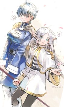Rule 34 | 1boy, 1girl, ahoge, artist name, belt, belt buckle, black pantyhose, blue hair, blue surcoat, boots, breasts, buckle, cape, capelet, chest height, cowboy shot, crossdressing, crossdressing (mtf), dress, earrings, expressionless, falling petals, frieren, genderswap, genderswap (ftm), genderswap (mtf), green eyes, grey eyes, hand up, height difference, highres, himmel (sousou no frieren), holding, holding staff, interlocked fingers, jewelry, knee boots, large breasts, light blush, long hair, long sleeves, looking at viewer, mars symbol, middle part, mole, mole under eye, own hands together, pants, pantyhose, parted bangs, petals, pink petals, pointy ears, short hair, shorter male, shoulder boards, side-by-side, simple background, sleeve cuffs, smile, sousou no frieren, spoken mars symbol, spoken venus symbol, staff, standing, striped clothes, surcoat, thick eyebrows, toro astro, trap, twitter username, venus symbol, very short hair, white background, white belt, white cape, white capelet, white dress, white hair, white pants, wolf cut