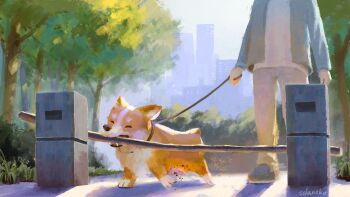 1other ambiguous_gender animal_focus artist_name black_footwear blue_jacket bollard building closed_eyes commentary_request dog grey_pants head_out_of_frame highres holding holding_leash jacket leash long_sleeves mouth_hold original outdoors pants park pet_walking real_life shirt shoes solanoko stick tree welsh_corgi white_shirt