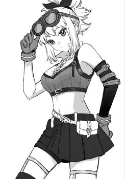 1girl belt_pouch breasts crop_top detached_sleeves dr._stone gloves goggles goggles_on_head greyscale highres kani_diggy kohaku_(dr._stone) looking_at_viewer midriff monochrome navel ponytail pouch shorts skirt solo thighhighs white_background