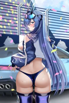 1girl absurdres animal_ears ass azur_lane blue_eyes blue_hair blue_jacket blue_panties blue_thighhighs blush breasts car clothing_cutout commentary confetti cowboy_shot crop_top english_commentary fake_animal_ears fence from_behind goggles goggles_on_head gradient-tinted_eyewear highres jacket large_breasts long_hair looking_at_viewer looking_back manjuu_(azur_lane) motor_vehicle new_jersey_(azur_lane) new_jersey_(black_blur_prelude)_(azur_lane) official_alternate_costume onion_fried20 open_clothes open_jacket panties panty_tug parted_lips rabbit_ears racetrack shoulder_cutout sideways_mouth solo standing thighhighs tinted_eyewear twisted_torso twitter_username two_side_up underwear